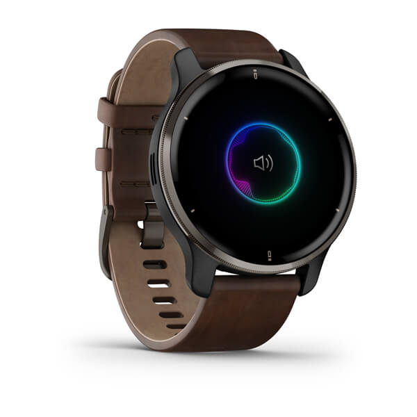 Garmin Venu 2 Plus Slate Stainless Steel Bezel With Slate Case And Brown Leather Band 43 mm