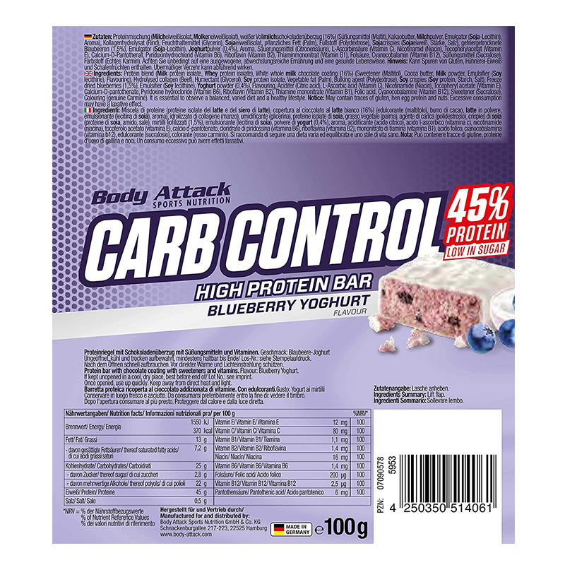 Body Attack Carb Control Protein Bar 100 G 15Pcs - Blueberry Yoghurt Best Price in Abu Dhabi