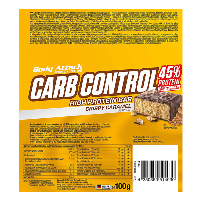 Body Attack Carb Control Protein Bar 100 G 15Pcs - Crispy Caramel Best Price in Abu Dhabi