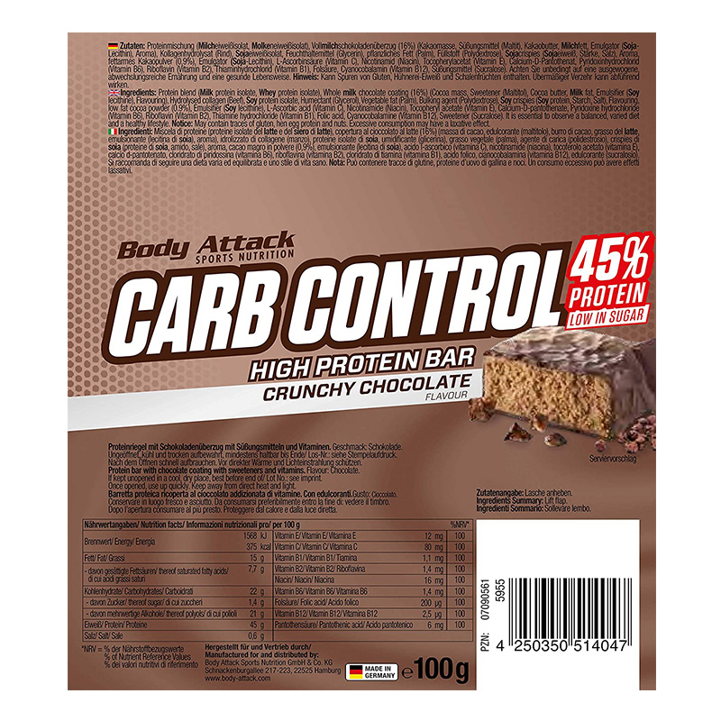 Body Attack Carb Control Protein Bar 100 G 15Pcs - Crunchy Chocolate Best Price in Abu Dhabi