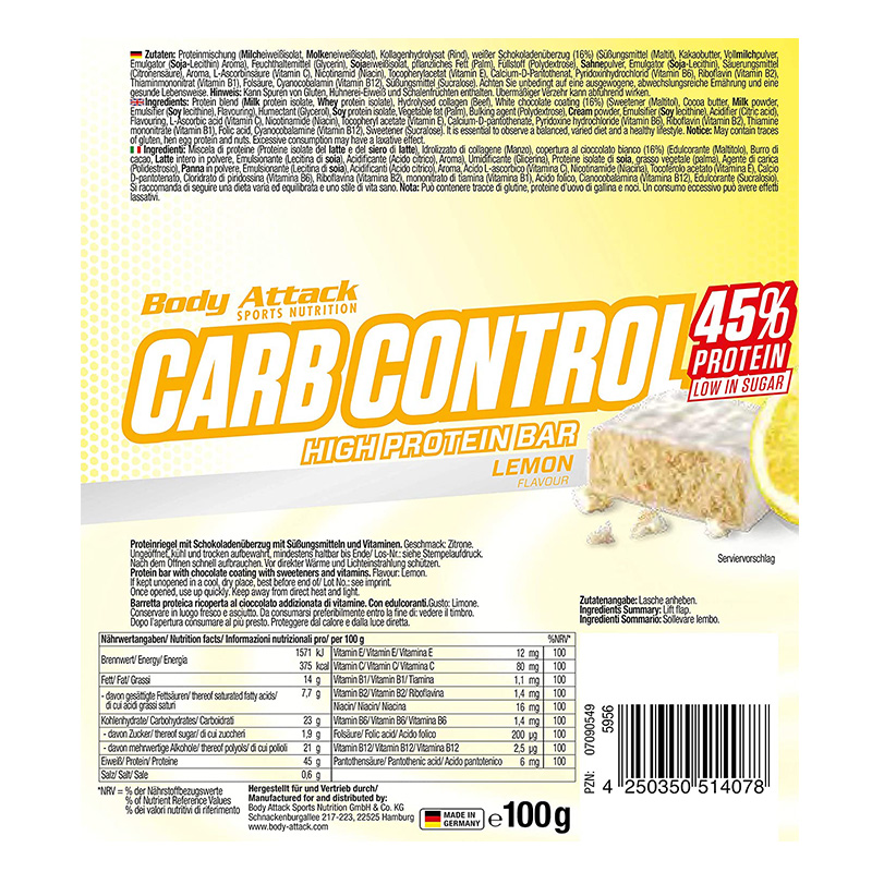 Body Attack Carb Control Protein Bar 100 G 15Pcs - Lemon Best Price in Abu Dhabi