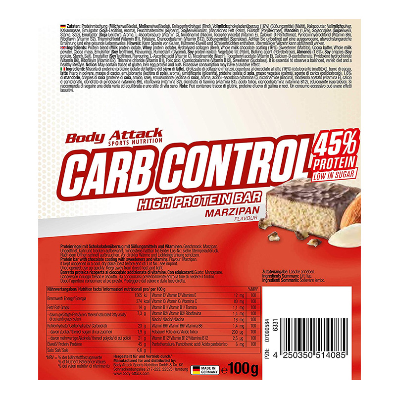 Body Attack Carb Control Protein Bar 100 G 15Pcs - Marzipan Best Price in Abu Dhabi