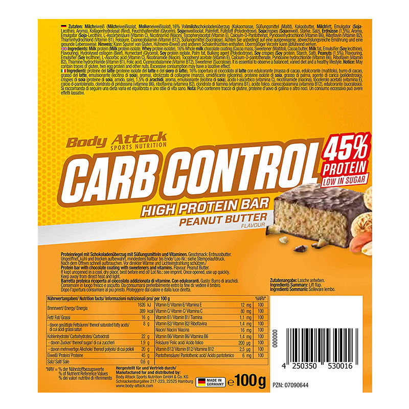 Body Attack Carb Control Protein Bar 100 G 15Pcs - Peanut Butter Best Price in Abu Dhabi