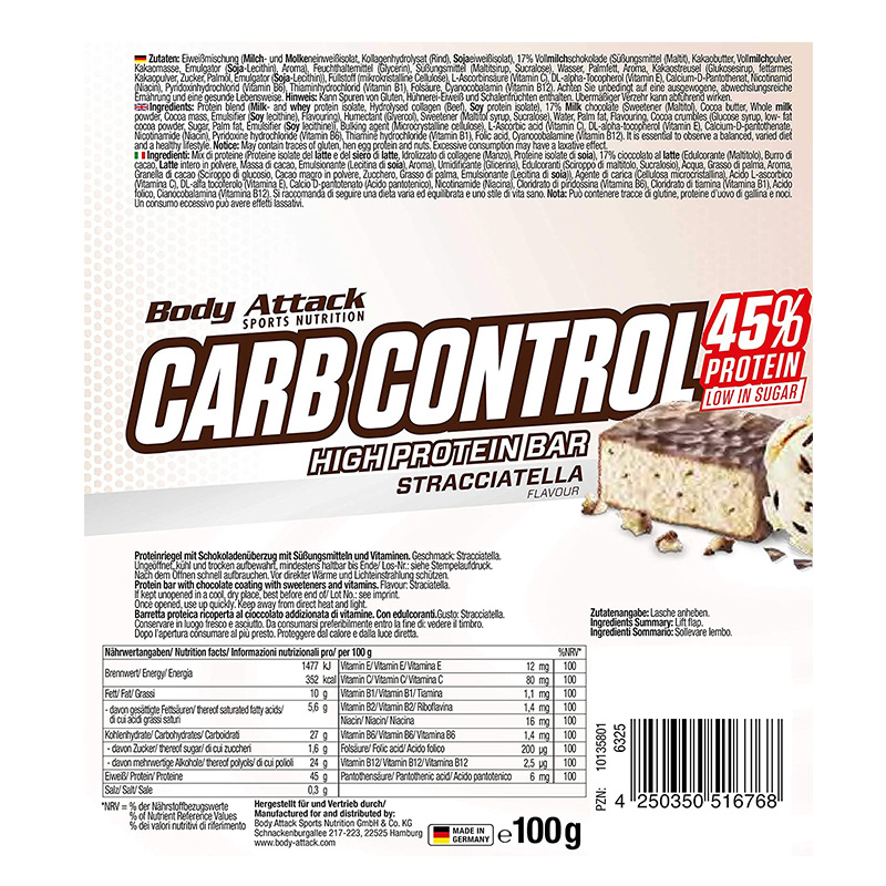 Body Attack Carb Control Protein Bar 100 G 15Pcs - Stracciatella Best Price in Abu Dhabi