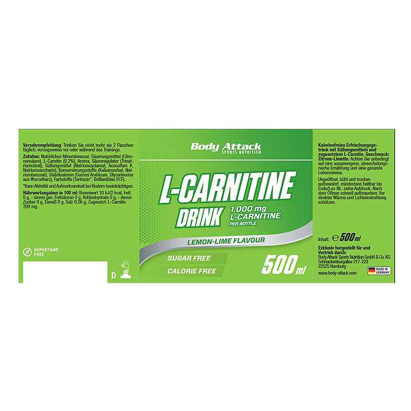 Body Attack L-Carnitine Drink 500ml 10 Pc in Box - Lemon Lime Best Price in Dubai