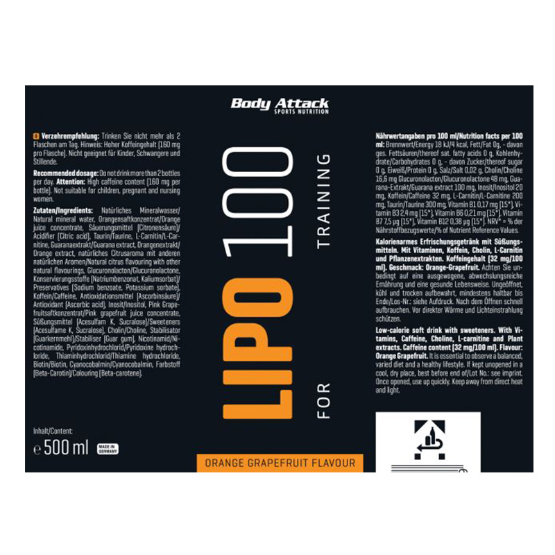 Body Attack Lipo 100 Drink 500 ml 10 Pcs in Box - Orange Grapefruit Best Price in Dubai