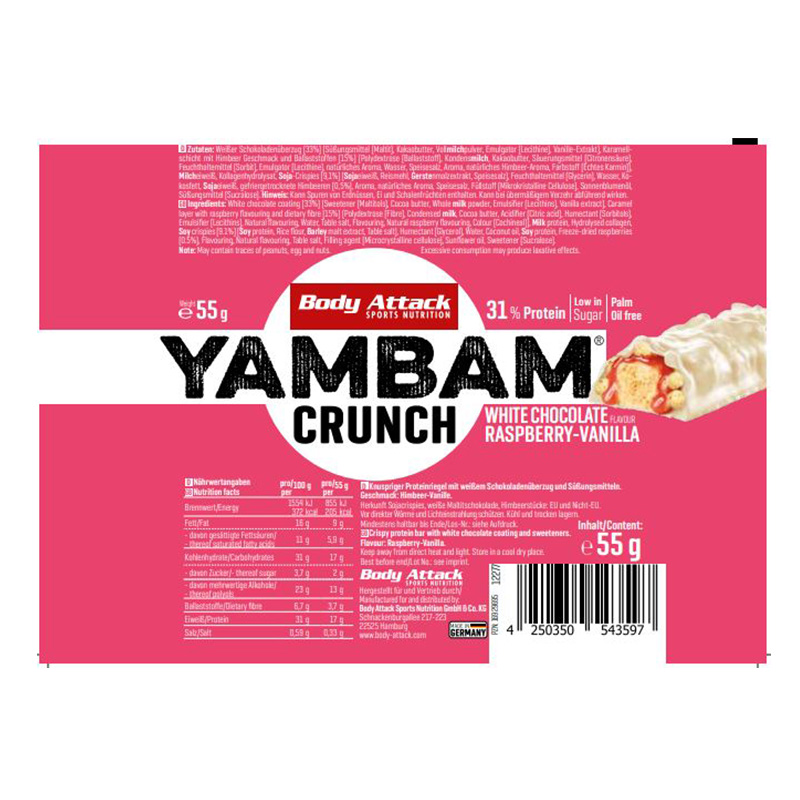 Body Attack Yambum Crunch Bar 55 G 15 Bars in Box - White Chocolate Raspberry Vanilla Best Price in Dubai