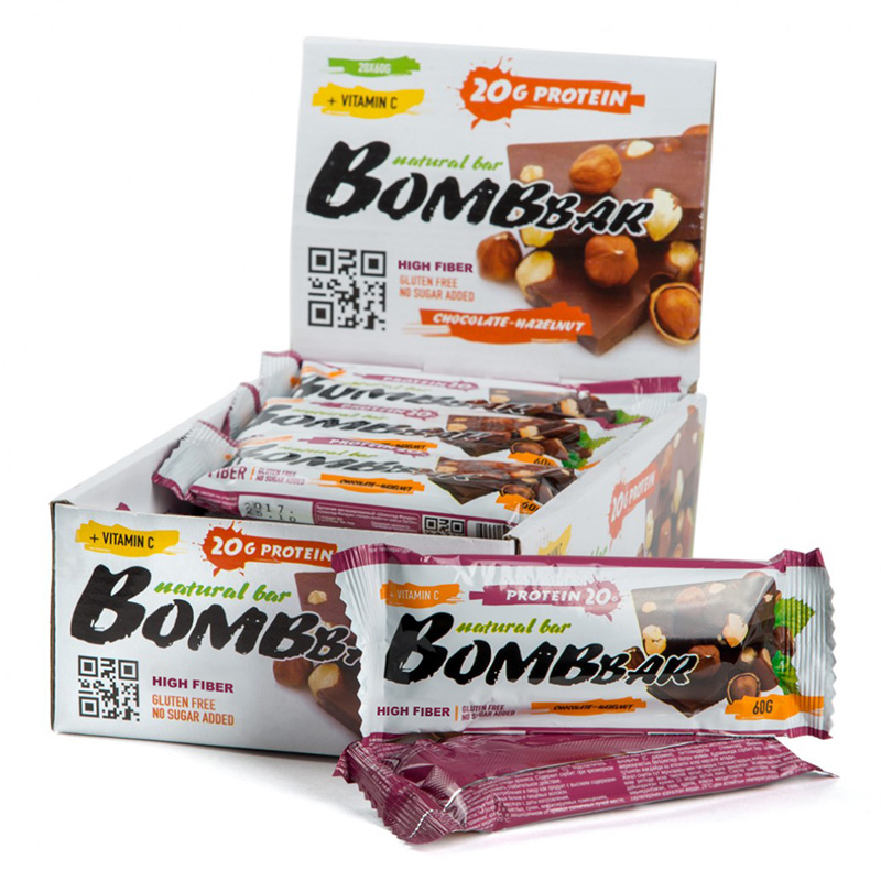 Bombbar Protein Bar 20 Bars in a Box 60g Chocolate Hazelnut