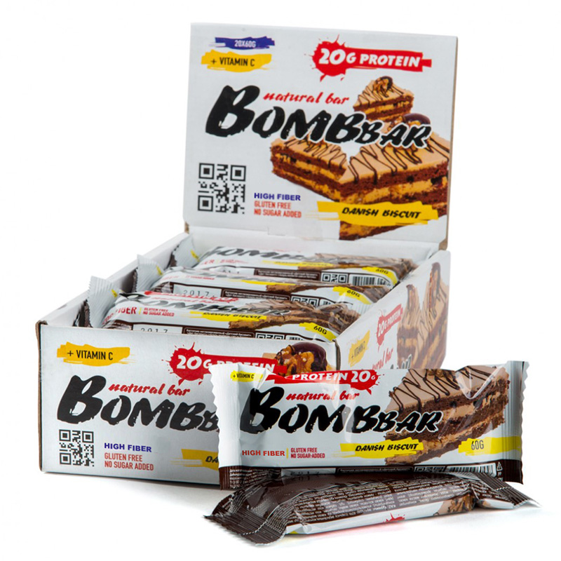 Bombbar Protein Bar 20 Bars in a Box 60g Danish Biscuits
