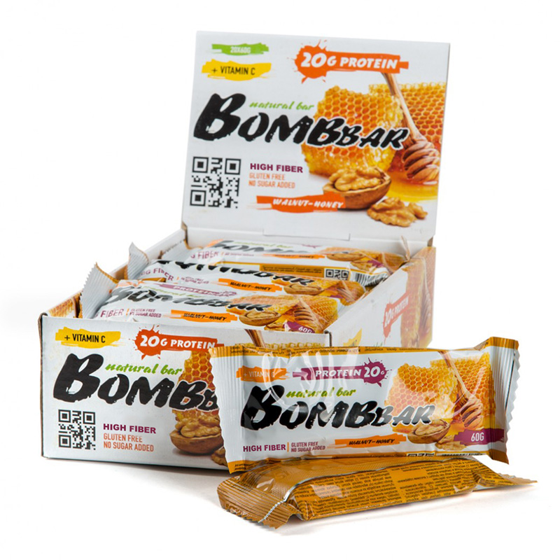 Bombbar Protein Bar 20 Bars in a Box 60g Walnut with Honey
