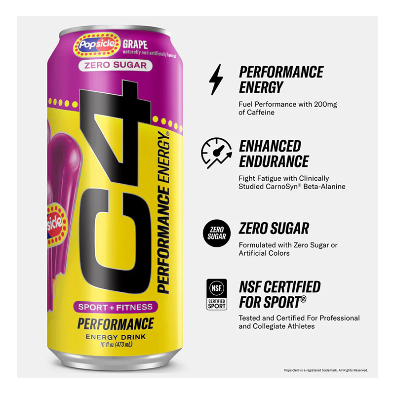 C4 Performance Energy Carbonated Drink16 oz 12 Pcs in Box - Popsicle Grape Best Price in Dubai