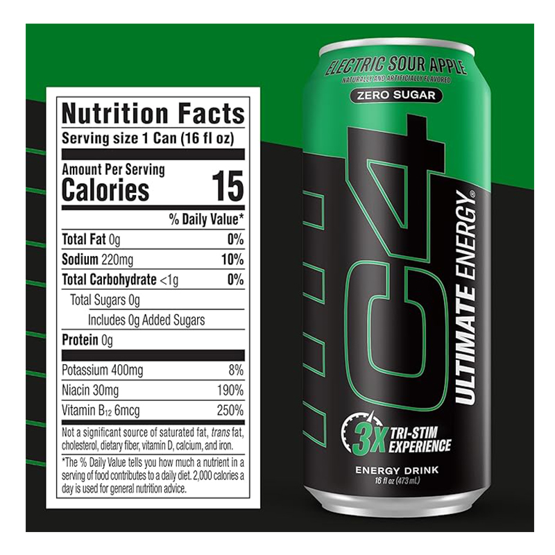 C4 Ultimate Energy Carbonated Drink 12oz 12 pcs in Box - Electric Sour Apple Best Price in Abu Dhabi