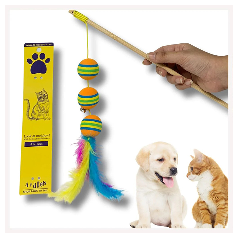 Cat Wand Teaser Interactive Toy with Retractable Ball Feather Play - Orange