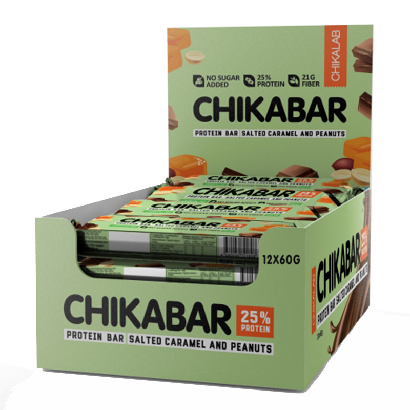Chika Bar Protein Bar 60 G 12 Pcs in Box - Peanut with Caramel Filling