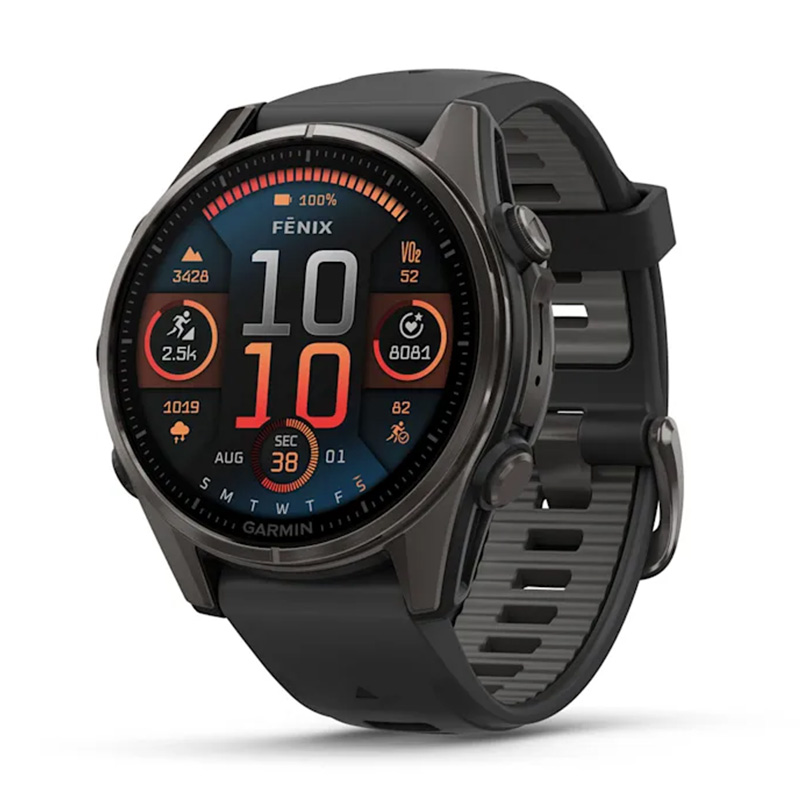 Garmin Fenix 8 – 43 mm Amoled Sapphire Carbon Gray Dlc Titanium With Black/pebble Gray Silicone Band