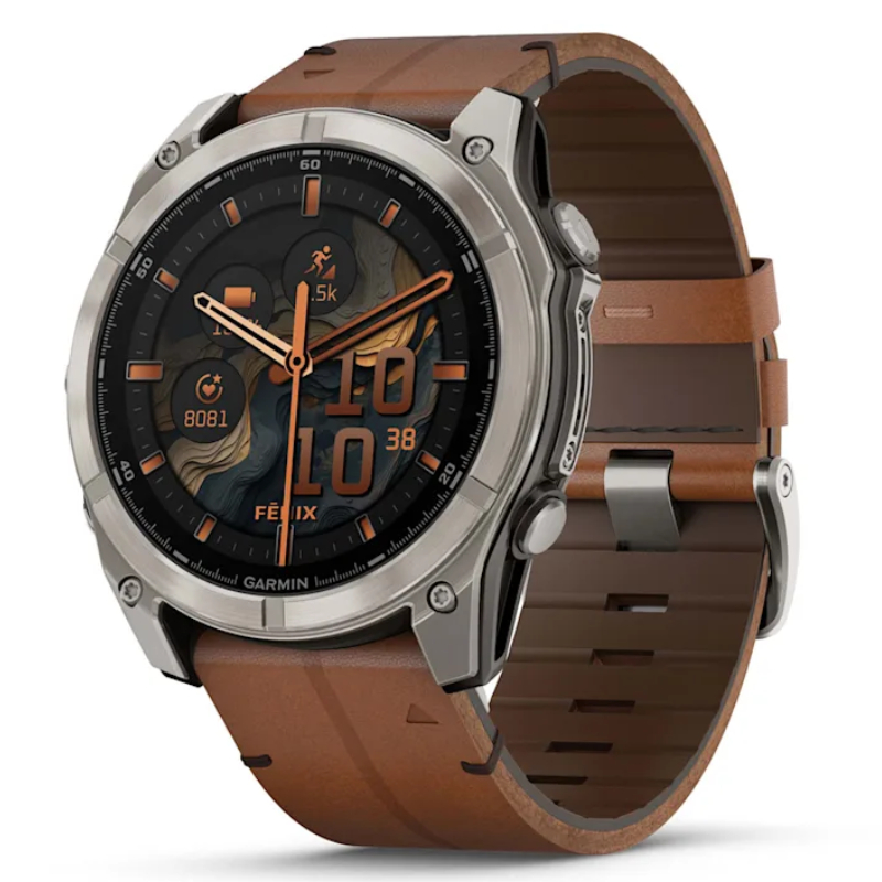 Garmin Fenix 8 Amoled – 51 mm Sapphire Bare Titanium, Black With A Chestnut Leather Band, Plus A Graphite Silicone Band