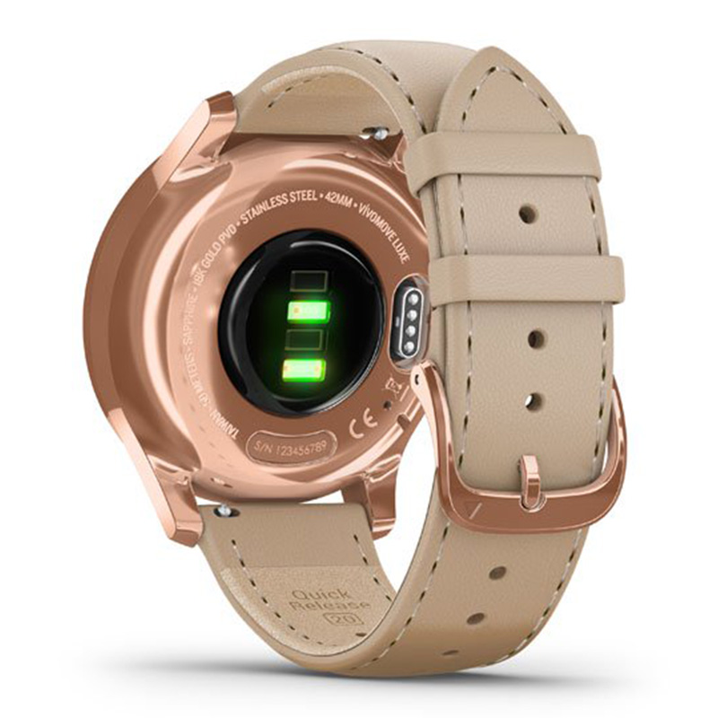 Garmin VivoMove Luxe 18K rose gold PVD stainless steel case with light sand Italian leather band 42 mm (010-02241-21) Best Price in UAE