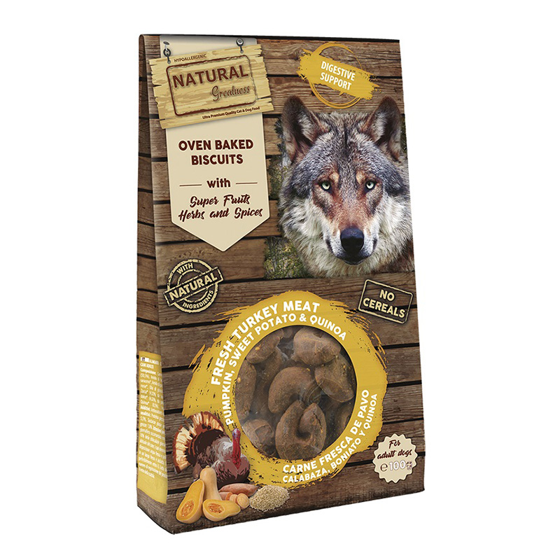 Natural Greatness Multipack Oven Baked Biscuits Treat 100 G - Fresh Turkey Pumpkin Sweet Potato and Quinoa - 12 Packs Box