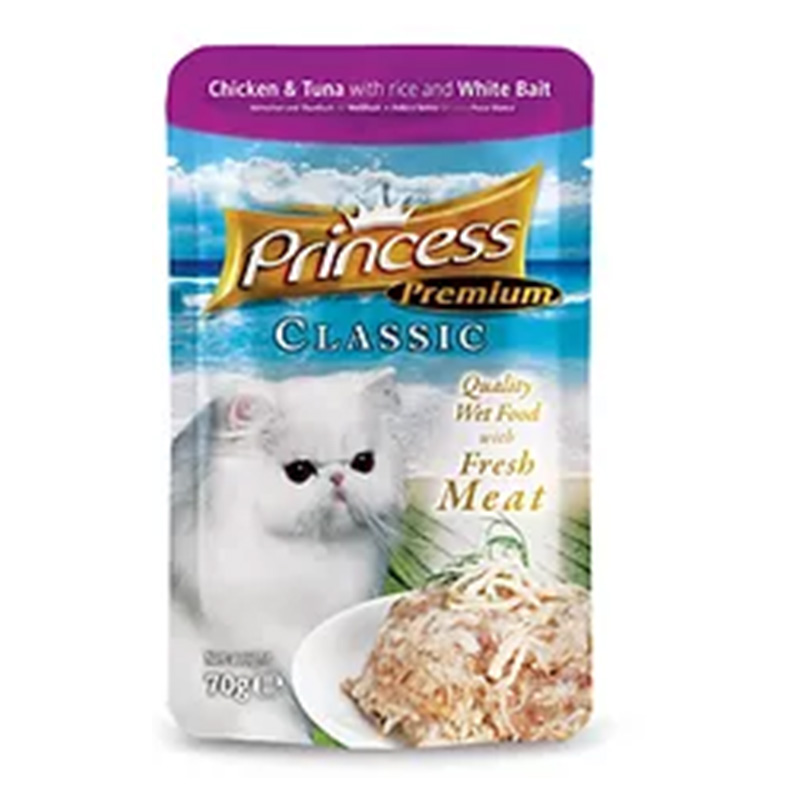 Princess Adult Cat Classic Pouch Food Chicken & Tuna with Rice & White Bait 70 G x 10 Pouches