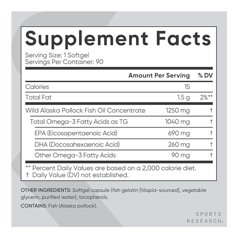 Sports Research Triple Strength Omega 3 Fish Oil - 1250 mg 90 Softgels Best Price in Dubai